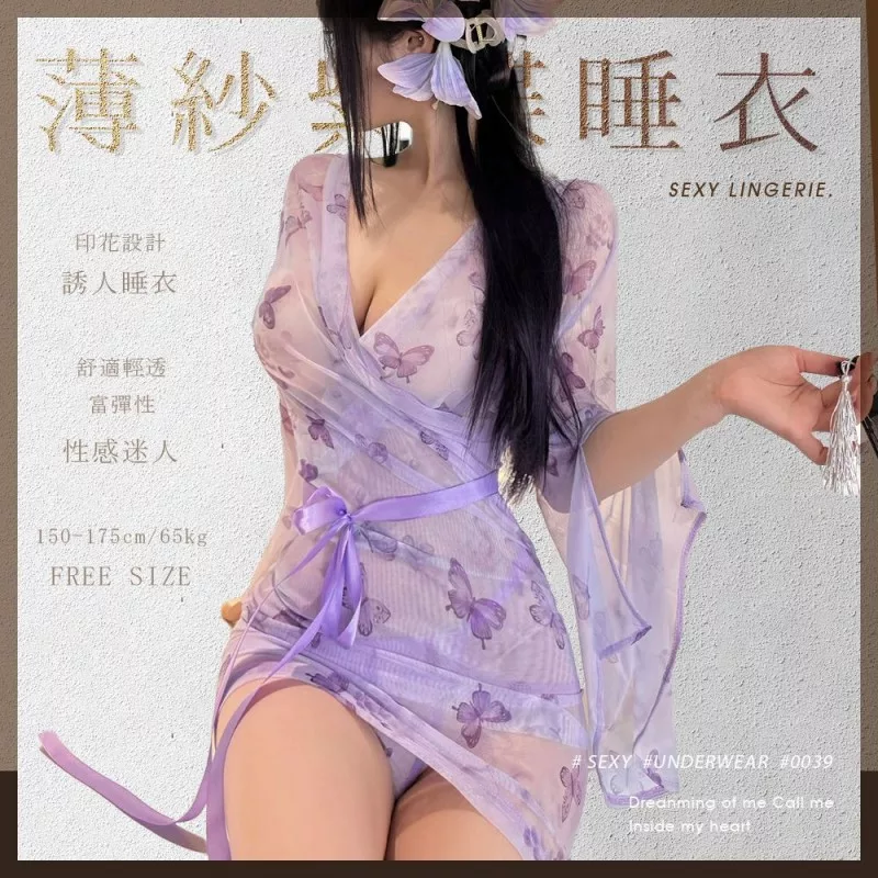 薄紗深V紫蝶印花睡衣-ZY39